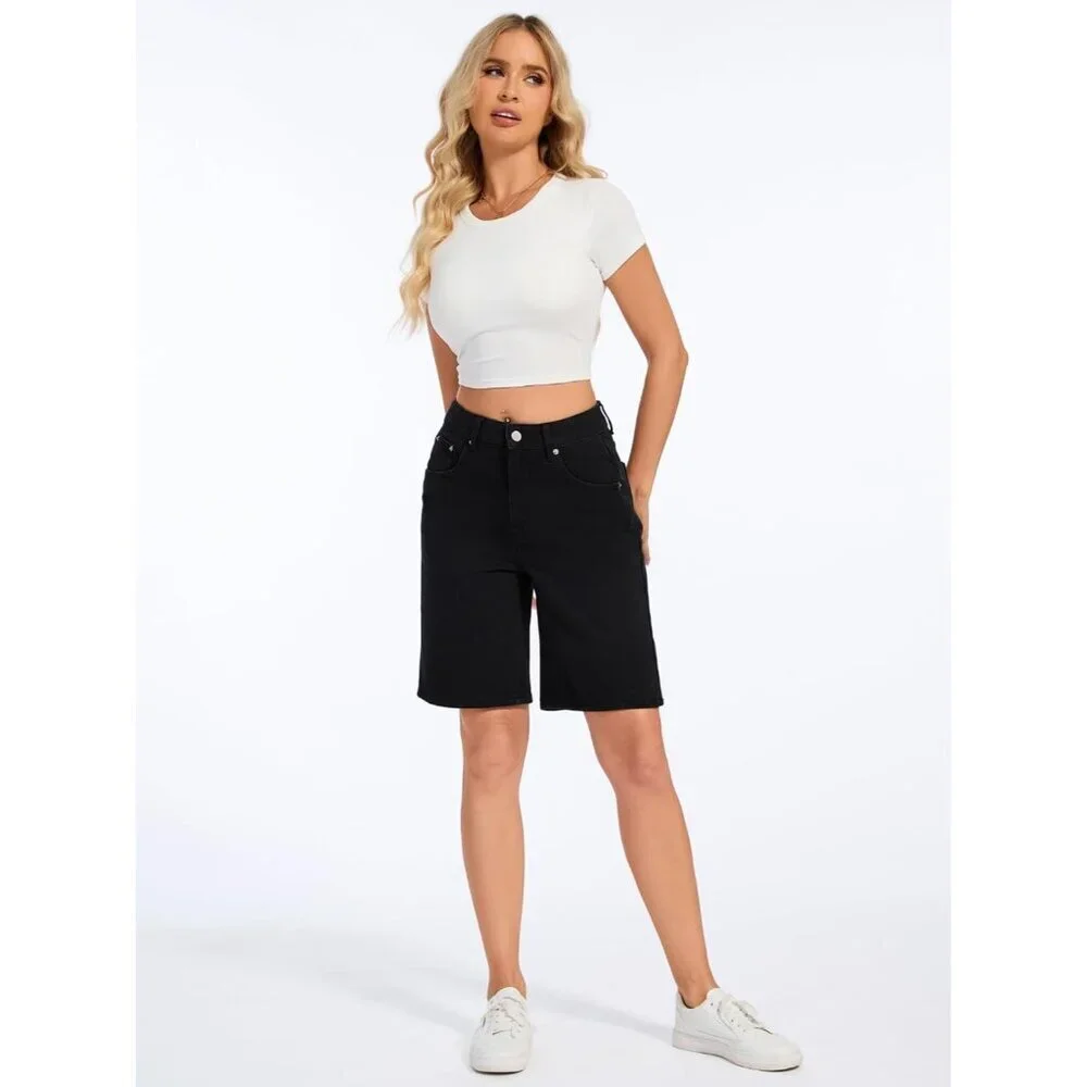 Women Baggy Jean Shorts Denim Bermuda Mid-Low Rise Casual Wide Leg